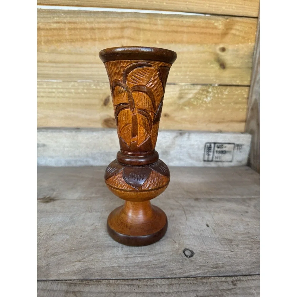 Vintage Hand Carved Wood  Bud Vase Folk Art‎ Decor Flower Design